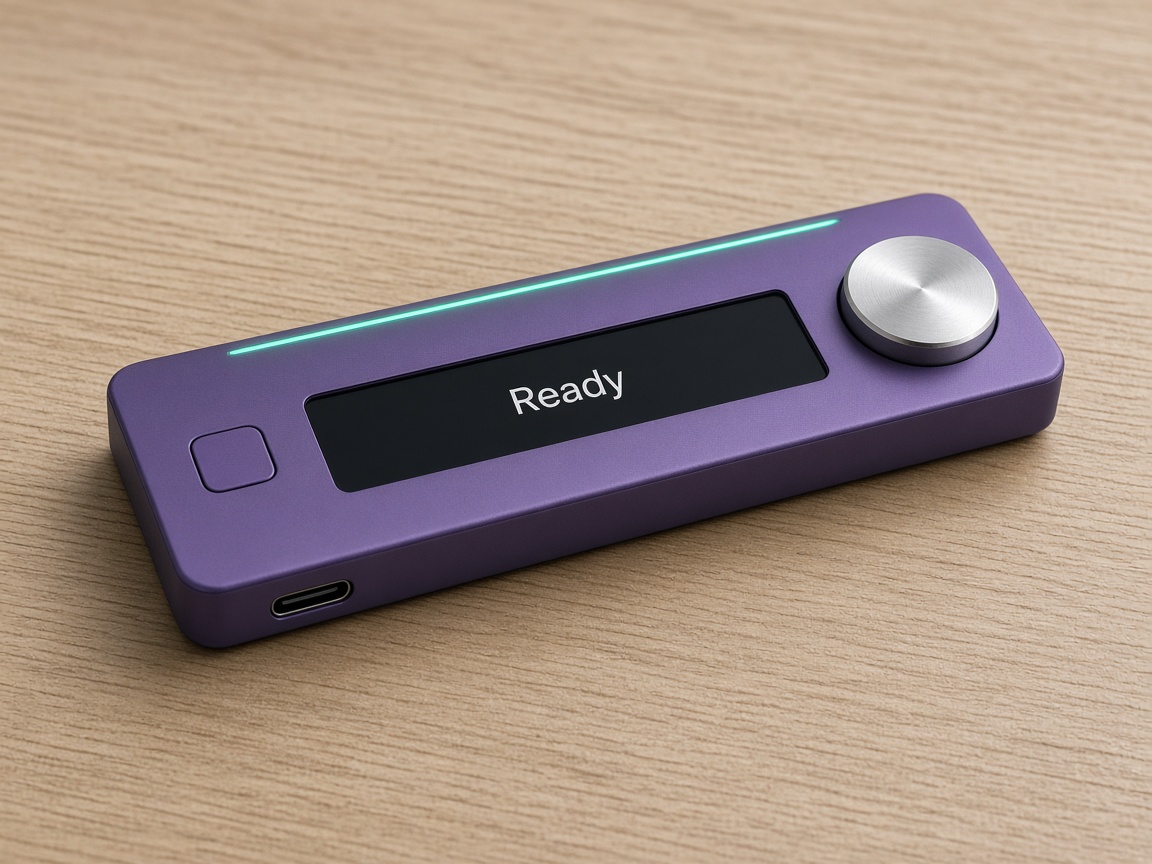 Three-quarter view of the Aurora Root hardware wallet on pale oak.