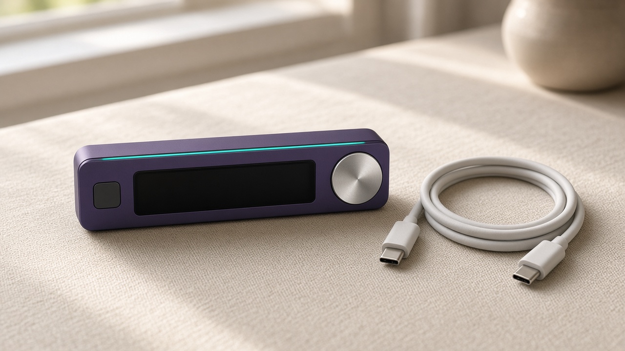 Aurora Root lying on linen beside a coiled USB-C cable, the screen dark.