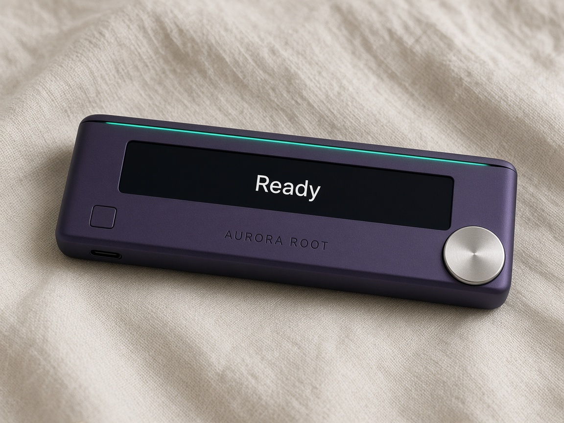 Aurora Root, a low violet hardware wallet with a horizontal screen reading Ready, a silver dial on the right, and a small square key on the left.